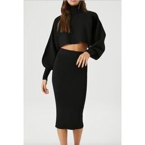 NWT Forever 21 Knit Set Turtleneck Sweater & Midi Skirt Black Ribbed M